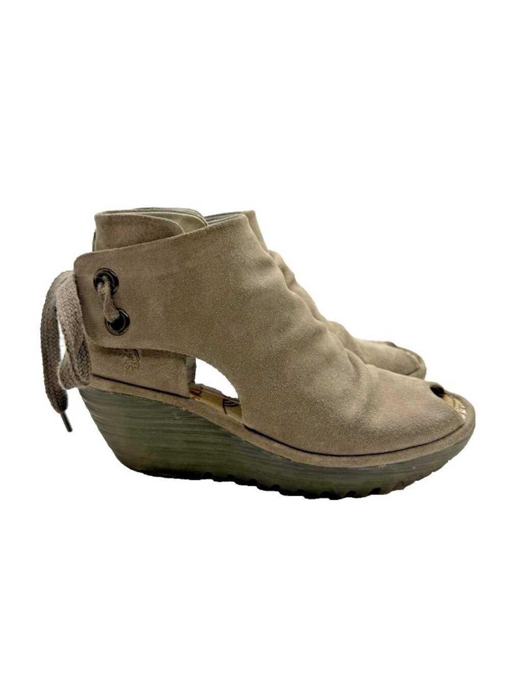 Fly London Yema Taupe Suede Peep Toe Wedge Shoes Women's Size 38 EU 7.5-8 US